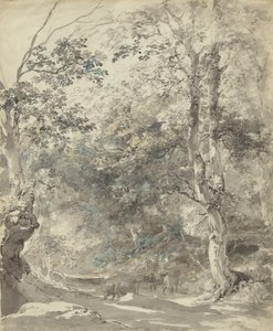 Paesaggio boscoso con mucche